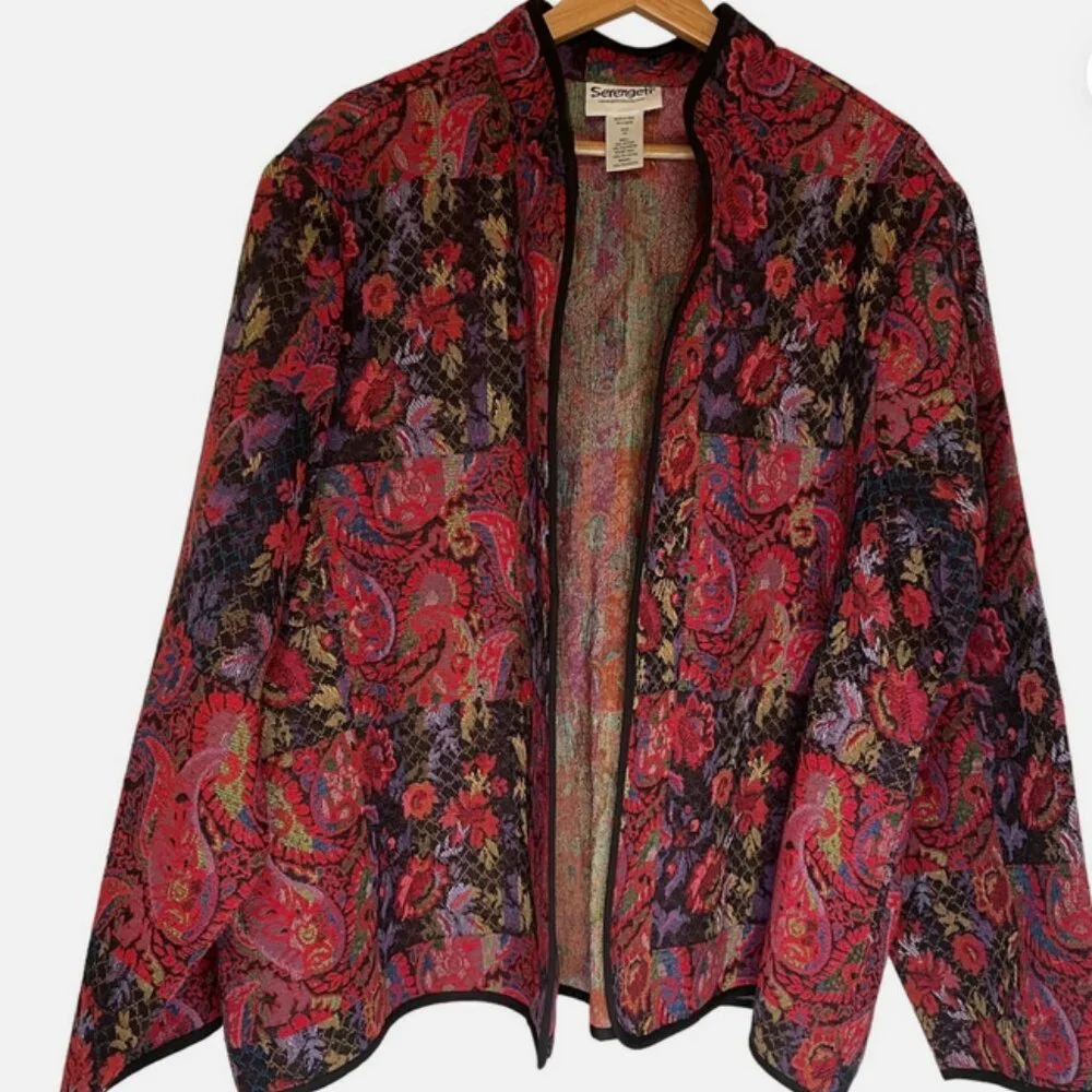 Serengeti Catalog Floral Tapestry Open Jacket | Women’s 3X | Red | Pockets